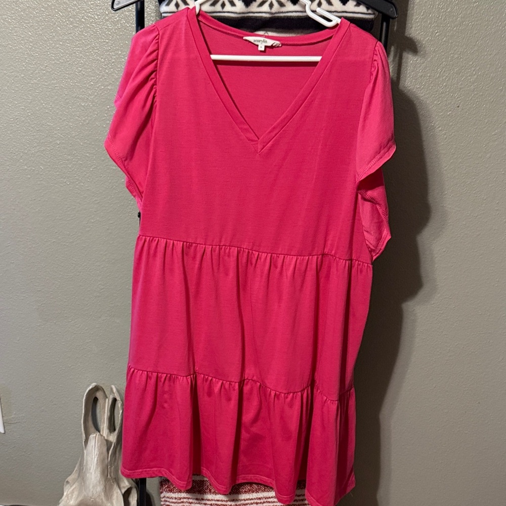 Women's Pink V-Neck Tiered Dress